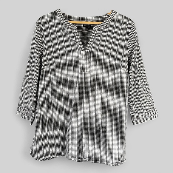 Talbots Womens Gingham Top Size XL Black White V Neck 3/4 Sleeve Office Career - Picture 1 of 9